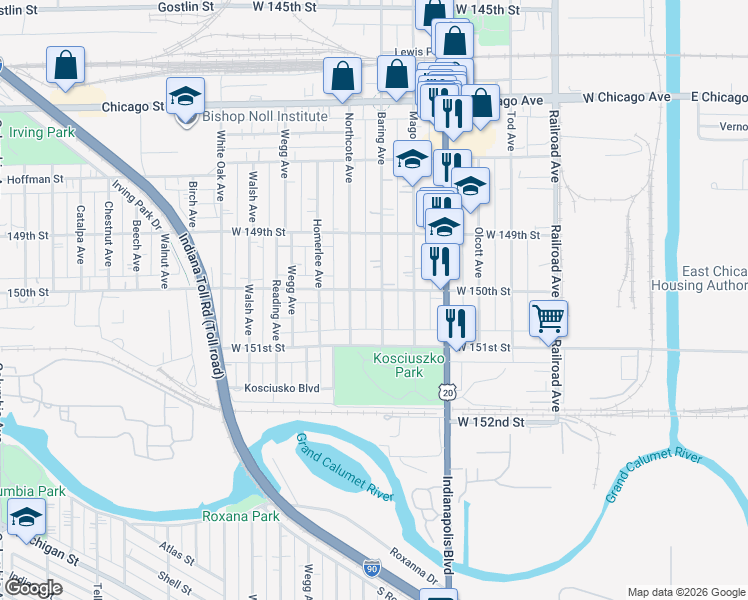 map of restaurants, bars, coffee shops, grocery stores, and more near 5008 Baring Avenue in East Chicago