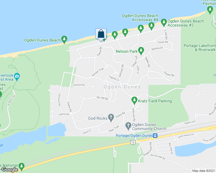 map of restaurants, bars, coffee shops, grocery stores, and more near 54 Ski Hill Circle in Ogden Dunes