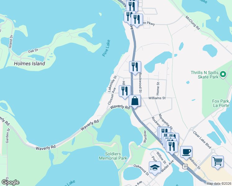 map of restaurants, bars, coffee shops, grocery stores, and more near Orchard Bluff Avenue in La Porte