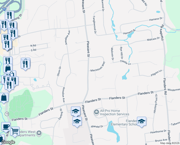 map of restaurants, bars, coffee shops, grocery stores, and more near 183 Macintosh Way in Southington