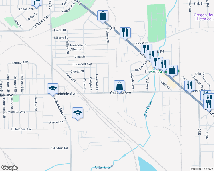 map of restaurants, bars, coffee shops, grocery stores, and more near 1505 Holmes Street in Toledo