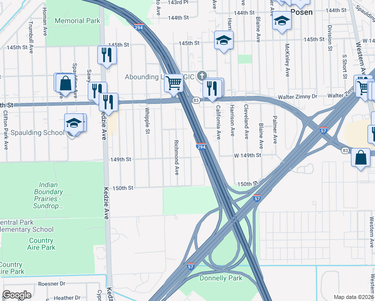 map of restaurants, bars, coffee shops, grocery stores, and more near 14840 San Francisco Avenue in Posen