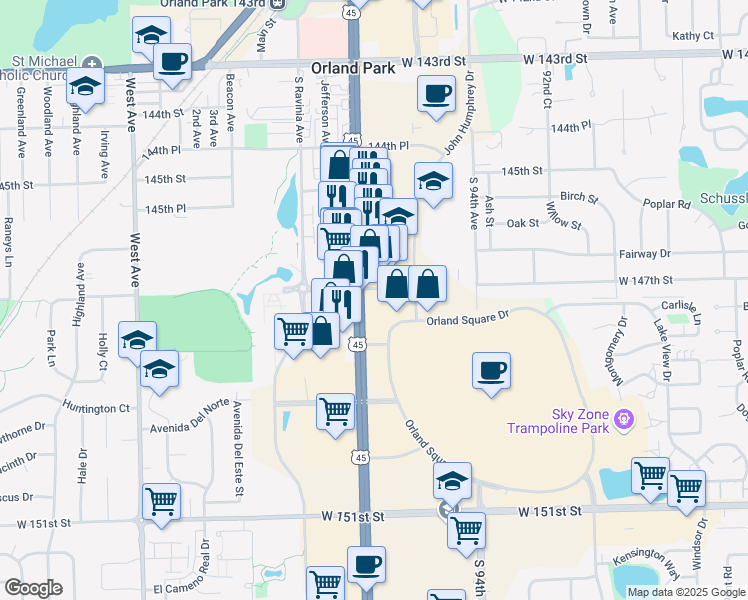 map of restaurants, bars, coffee shops, grocery stores, and more near 14701 LaGrange Road in Orland Park