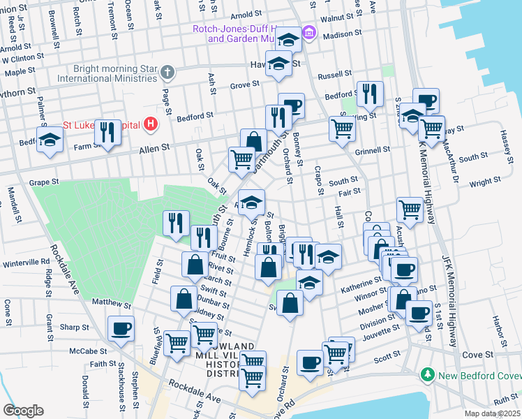 map of restaurants, bars, coffee shops, grocery stores, and more near 183 Rockland Street in New Bedford