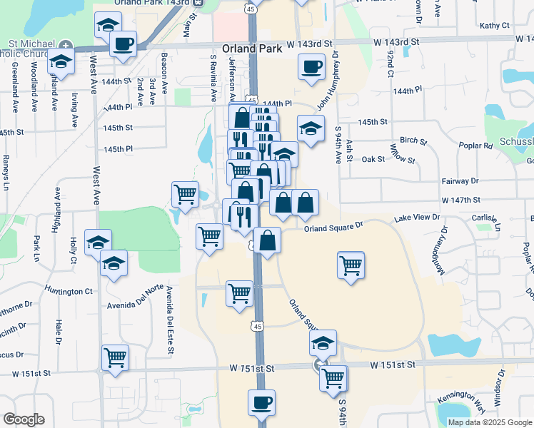 map of restaurants, bars, coffee shops, grocery stores, and more near 14701 LaGrange Road in Orland Park