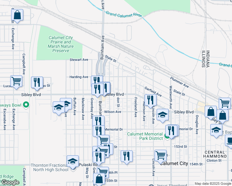 map of restaurants, bars, coffee shops, grocery stores, and more near 624 Sibley Boulevard in Calumet City
