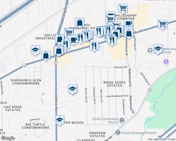 map of restaurants, bars, coffee shops, grocery stores, and more near 35717 Kilarney Road in Willoughby