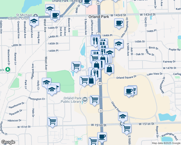 map of restaurants, bars, coffee shops, grocery stores, and more near 14680 South La Grange Road in Orland Park