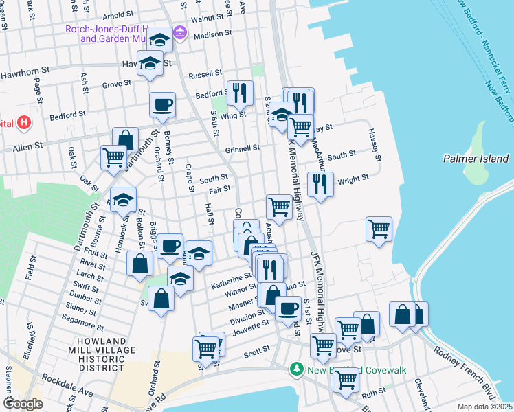 map of restaurants, bars, coffee shops, grocery stores, and more near 100 Acushnet Avenue in New Bedford