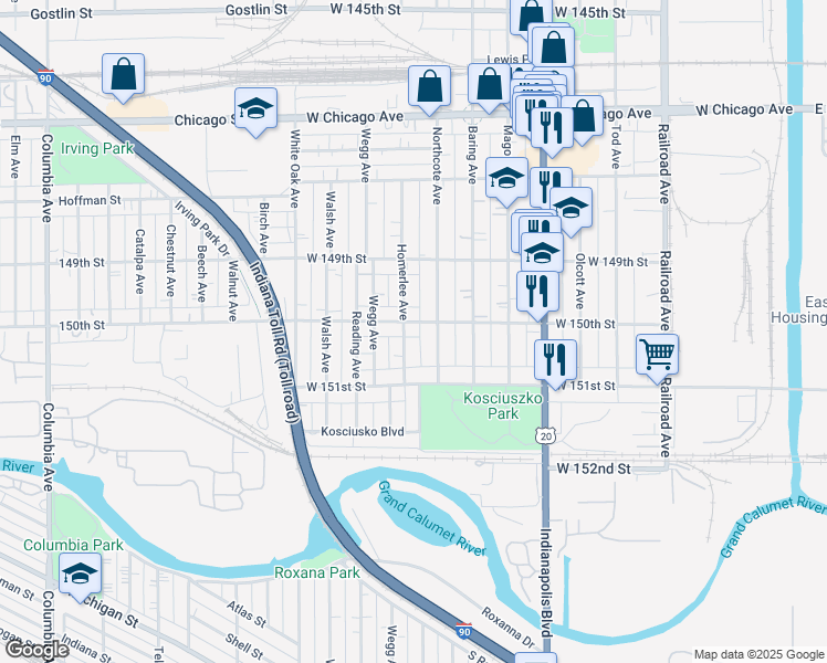 map of restaurants, bars, coffee shops, grocery stores, and more near 4941 Homerlee Avenue in East Chicago