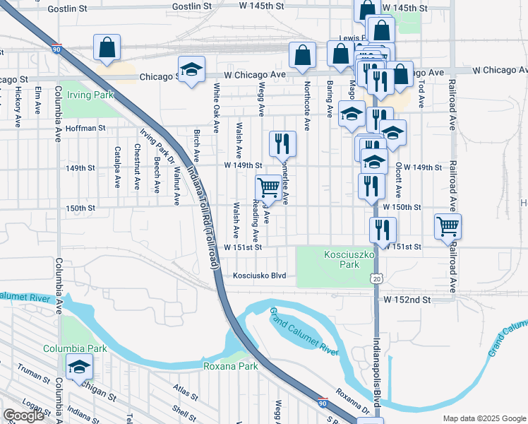 map of restaurants, bars, coffee shops, grocery stores, and more near 1302 150th Street in Hammond