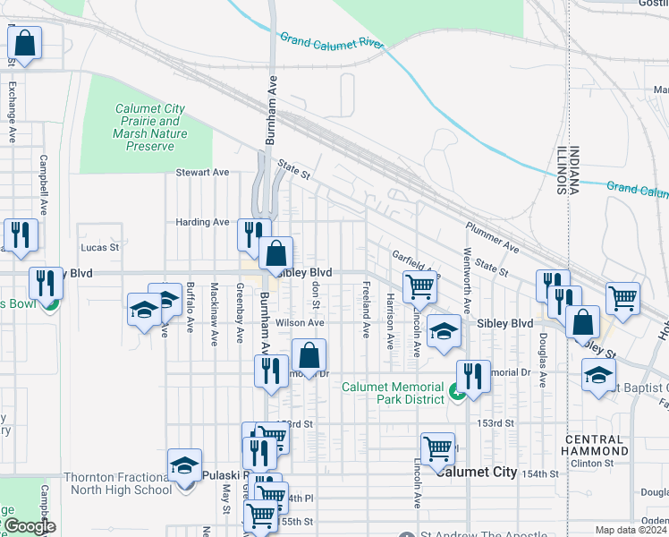 map of restaurants, bars, coffee shops, grocery stores, and more near 455 Price Avenue in Calumet City