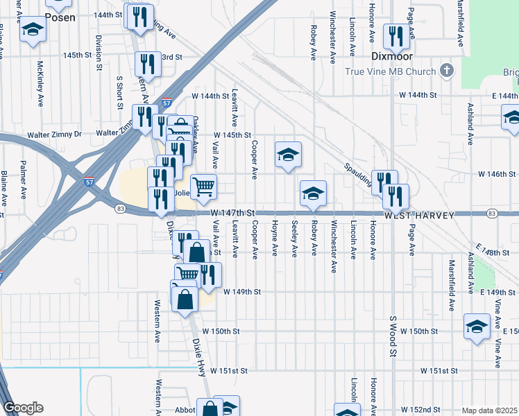 map of restaurants, bars, coffee shops, grocery stores, and more near 14627 Cooper Avenue in Dixmoor