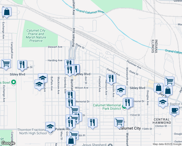 map of restaurants, bars, coffee shops, grocery stores, and more near 455 Price Avenue in Calumet City