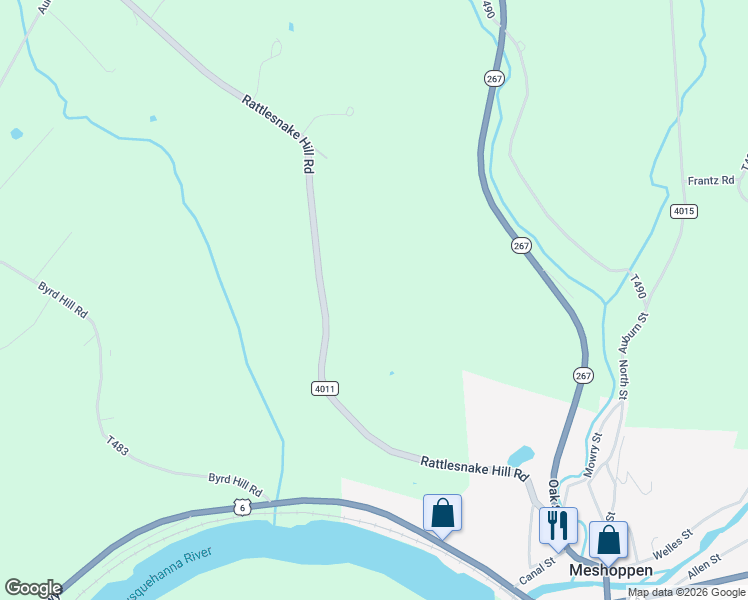 map of restaurants, bars, coffee shops, grocery stores, and more near 408 Rattlesnake Hill Road in Meshoppen