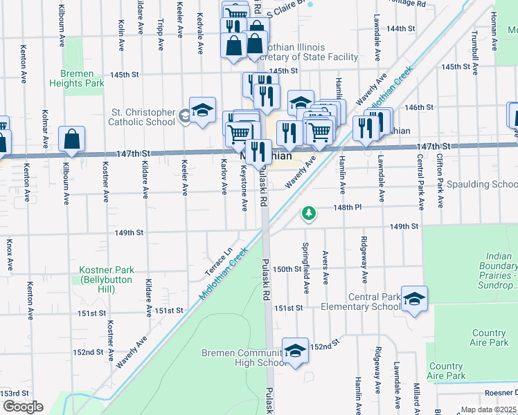map of restaurants, bars, coffee shops, grocery stores, and more near 14801 Keystone Avenue in Midlothian
