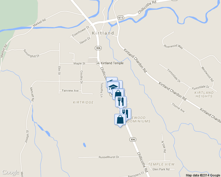 map of restaurants, bars, coffee shops, grocery stores, and more near 9101 Chillicothe Road in Kirtland