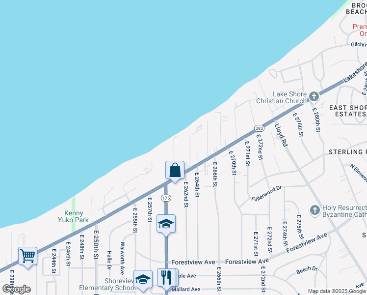 map of restaurants, bars, coffee shops, grocery stores, and more near 26241 Lakeshore Boulevard in Euclid