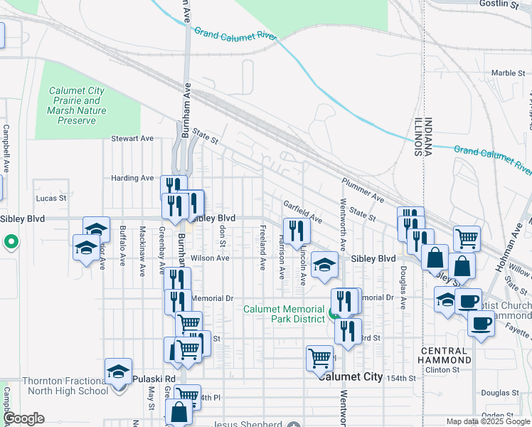 map of restaurants, bars, coffee shops, grocery stores, and more near 634 Sibley Boulevard in Calumet City