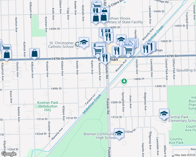 map of restaurants, bars, coffee shops, grocery stores, and more near 14801 Keystone Avenue in Midlothian