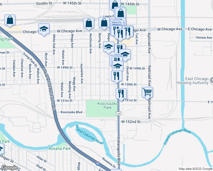 map of restaurants, bars, coffee shops, grocery stores, and more near 5002 Magoun Avenue in East Chicago