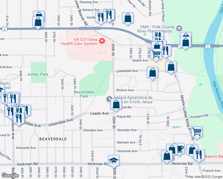 map of restaurants, bars, coffee shops, grocery stores, and more near 3020 30th Street in Des Moines