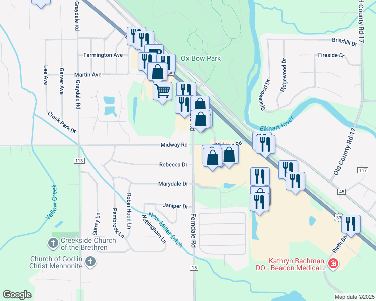 map of restaurants, bars, coffee shops, grocery stores, and more near 22792-22798 Midway Road in Elkhart