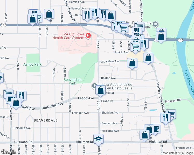 map of restaurants, bars, coffee shops, grocery stores, and more near 3020 30th Street in Des Moines