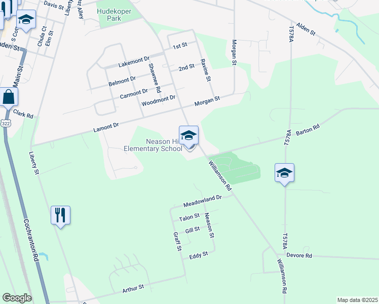 map of restaurants, bars, coffee shops, grocery stores, and more near 11293 Williamson Road in Meadville