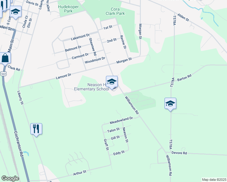 map of restaurants, bars, coffee shops, grocery stores, and more near 11293 Williamson Road in Meadville