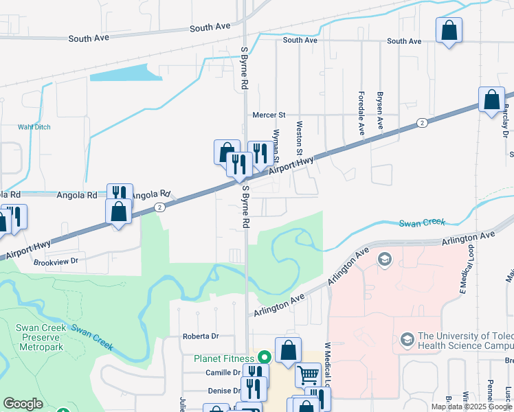 map of restaurants, bars, coffee shops, grocery stores, and more near 3458 Gibraltar Heights Drive in Toledo