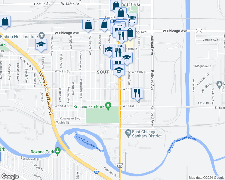 map of restaurants, bars, coffee shops, grocery stores, and more near 800-898 W 150th St in East Chicago