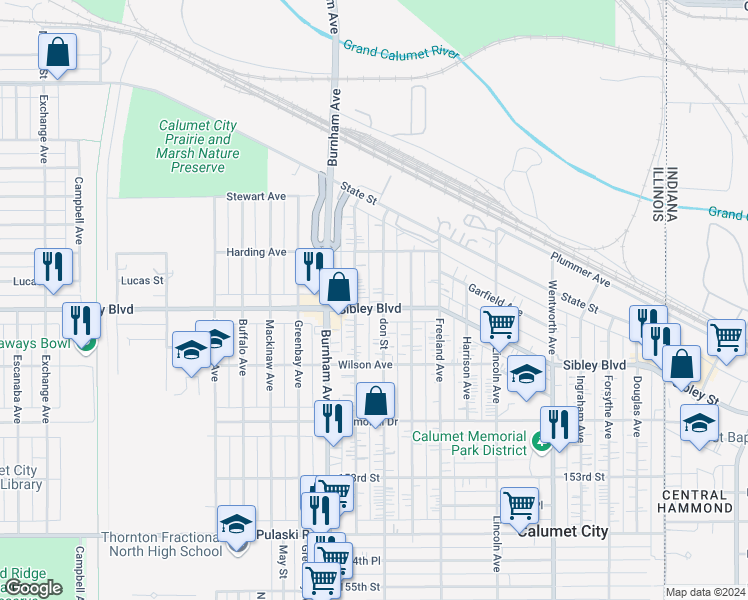map of restaurants, bars, coffee shops, grocery stores, and more near 455 Price Avenue in Calumet City