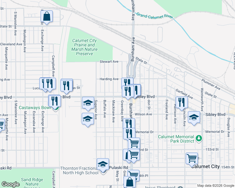 map of restaurants, bars, coffee shops, grocery stores, and more near 456 Greenbay Avenue in Calumet City