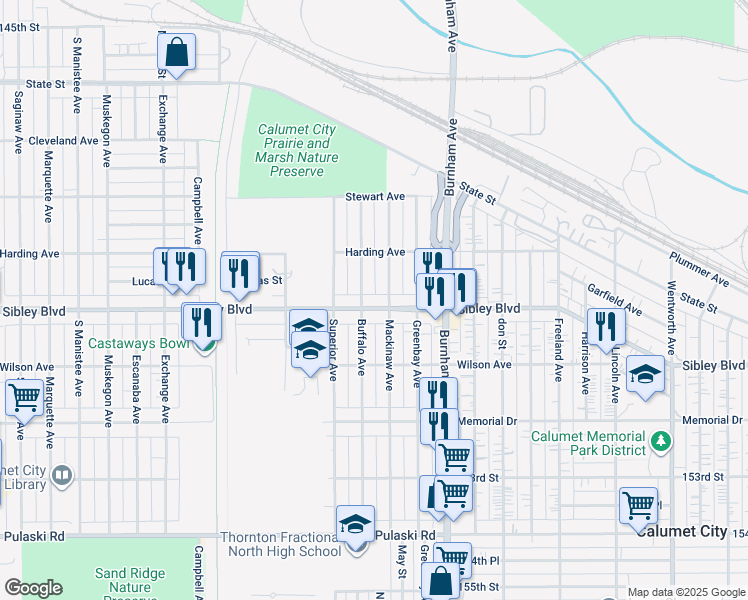 map of restaurants, bars, coffee shops, grocery stores, and more near 459 Buffalo Avenue in Calumet City