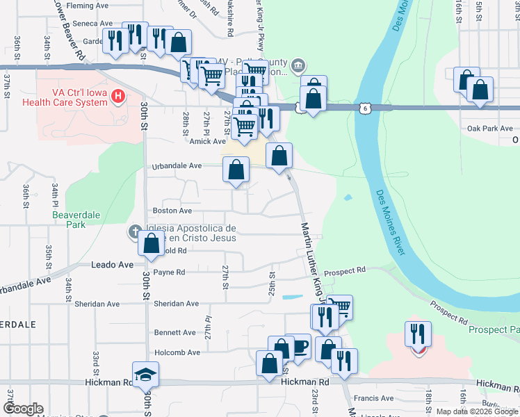 map of restaurants, bars, coffee shops, grocery stores, and more near 3114 Glenarm Court in Des Moines