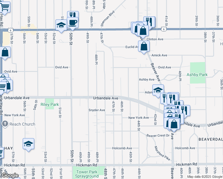 map of restaurants, bars, coffee shops, grocery stores, and more near 3113 48th Street in Des Moines