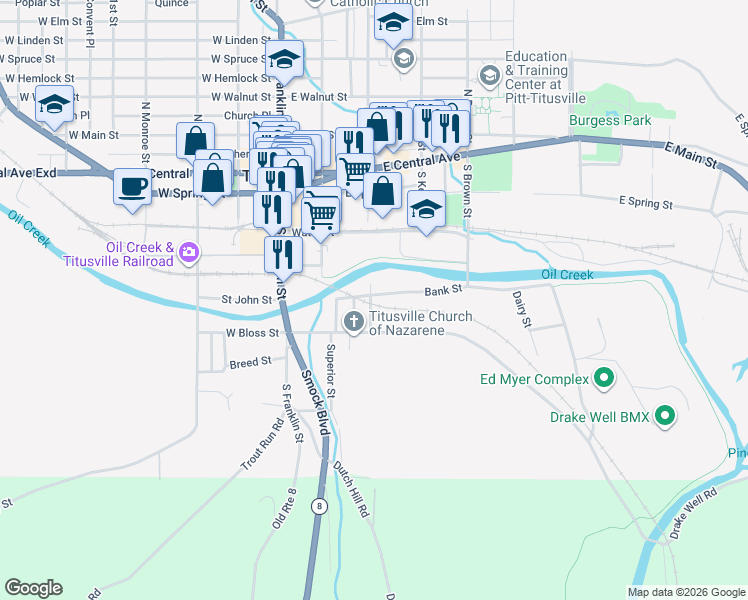 map of restaurants, bars, coffee shops, grocery stores, and more near 400-414 Drake St in Titusville
