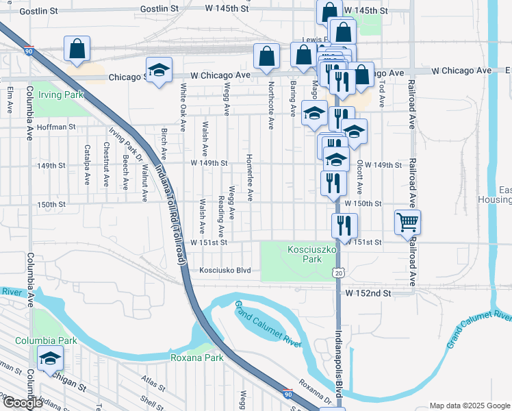 map of restaurants, bars, coffee shops, grocery stores, and more near 4941 Homerlee Avenue in East Chicago
