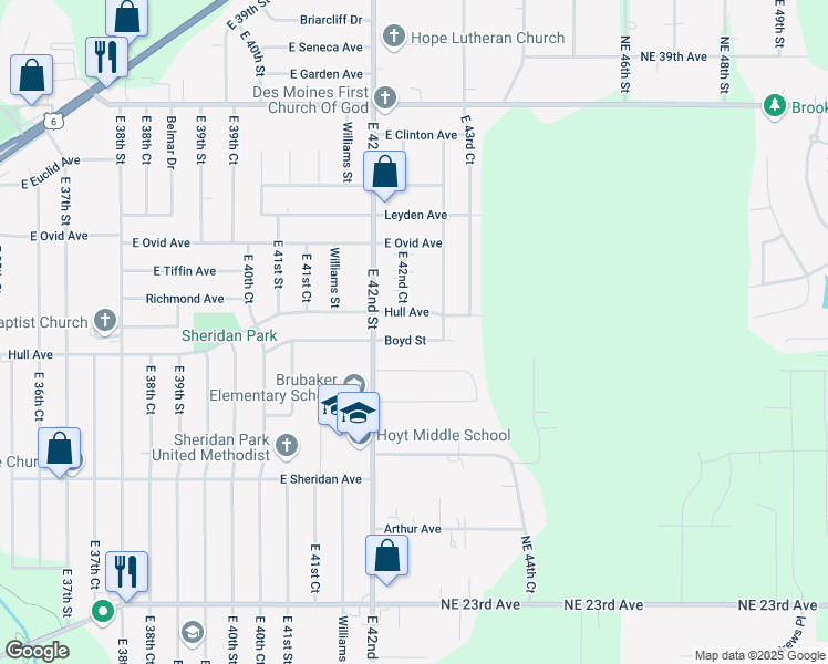 map of restaurants, bars, coffee shops, grocery stores, and more near 4217 Hull Avenue in Des Moines