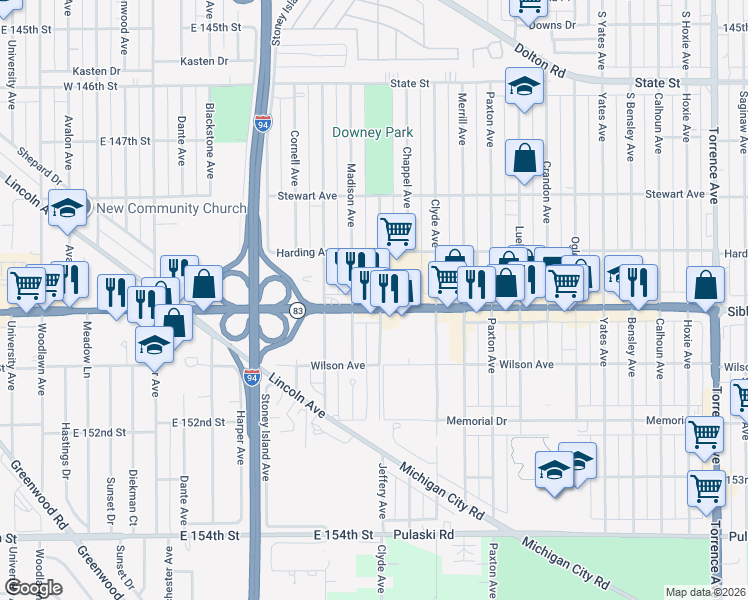 map of restaurants, bars, coffee shops, grocery stores, and more near 2150 Sibley Boulevard in Calumet City