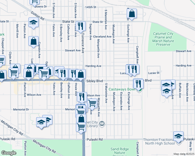 map of restaurants, bars, coffee shops, grocery stores, and more near 1304 Sibley Boulevard in Calumet City