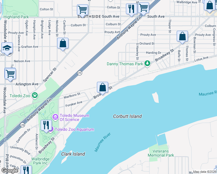 map of restaurants, bars, coffee shops, grocery stores, and more near 2402 Broadway Street in Toledo