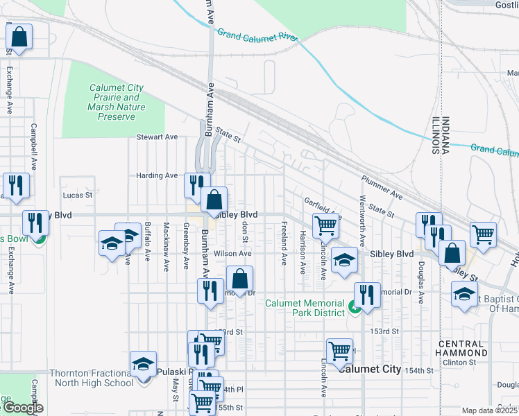 map of restaurants, bars, coffee shops, grocery stores, and more near 464 Gordon Avenue in Calumet City