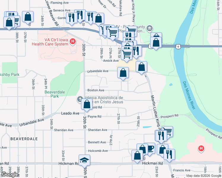 map of restaurants, bars, coffee shops, grocery stores, and more near 2730 Ashby Avenue in Des Moines