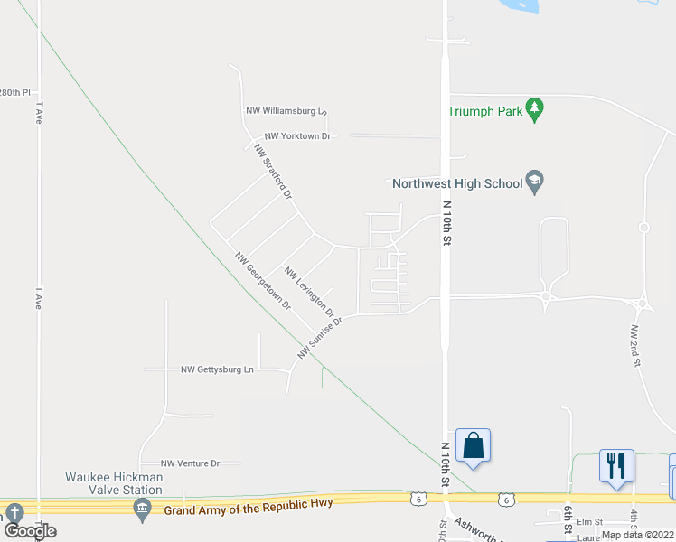 map of restaurants, bars, coffee shops, grocery stores, and more near 1210 Northwest Mill Springs Drive in Waukee