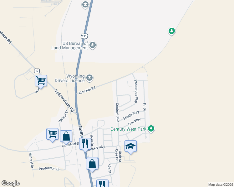 map of restaurants, bars, coffee shops, grocery stores, and more near 1030 Cypress Circle in Rock Springs