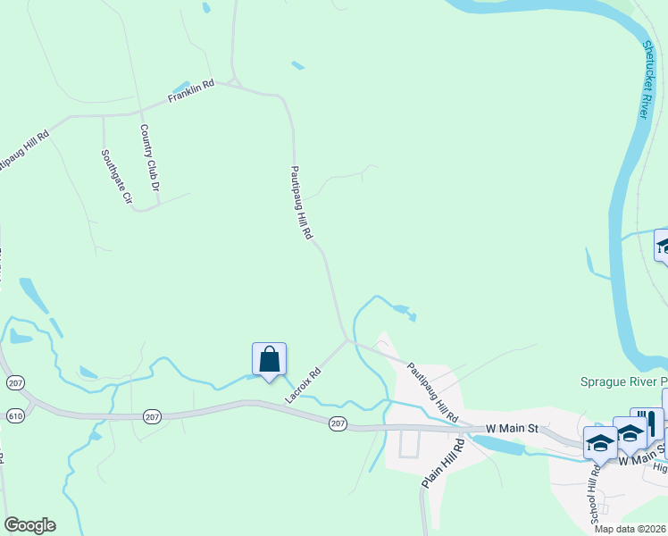 map of restaurants, bars, coffee shops, grocery stores, and more near 55 Pautipaug Hill Road in Sprague