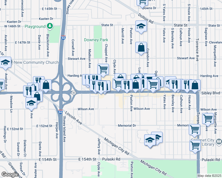 map of restaurants, bars, coffee shops, grocery stores, and more near 1910 Sibley Boulevard in Calumet City