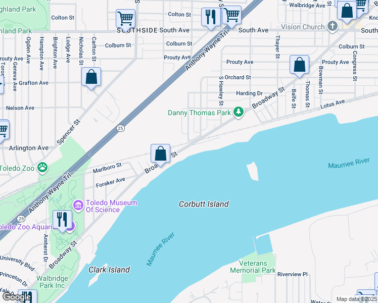 map of restaurants, bars, coffee shops, grocery stores, and more near 2311 Waterworks Drive in Toledo